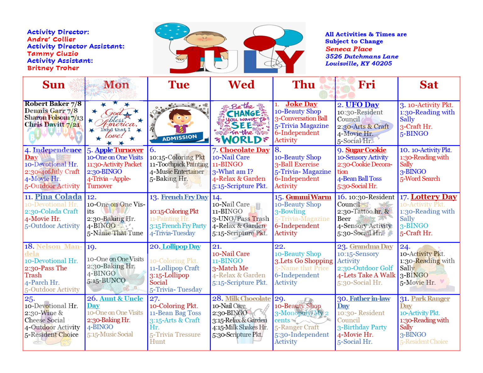 July 2021 Activity Calendar - Seneca Place
