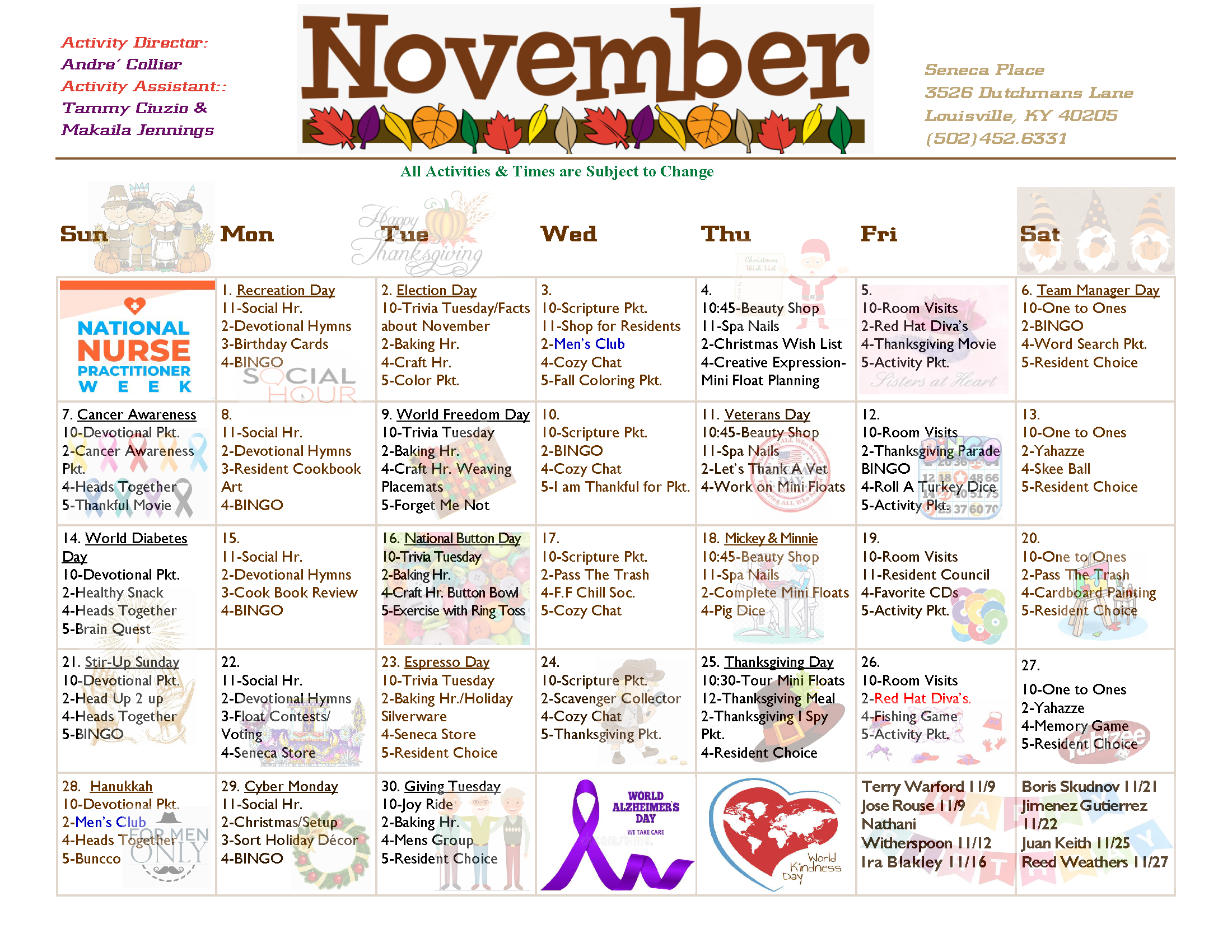 November 2021 Activity Calendar Seneca Place
